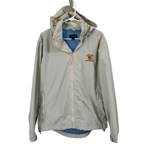 Lands End Raincoat Jacket Mens M Cream Hooded Full Zip Pockets Waterproof Lined‎